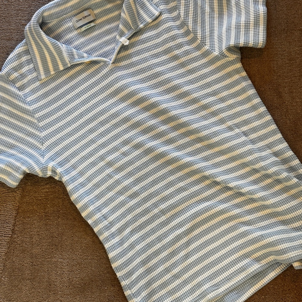 Oliver Spencer Striped Knit Polo - Light Blue & Cream